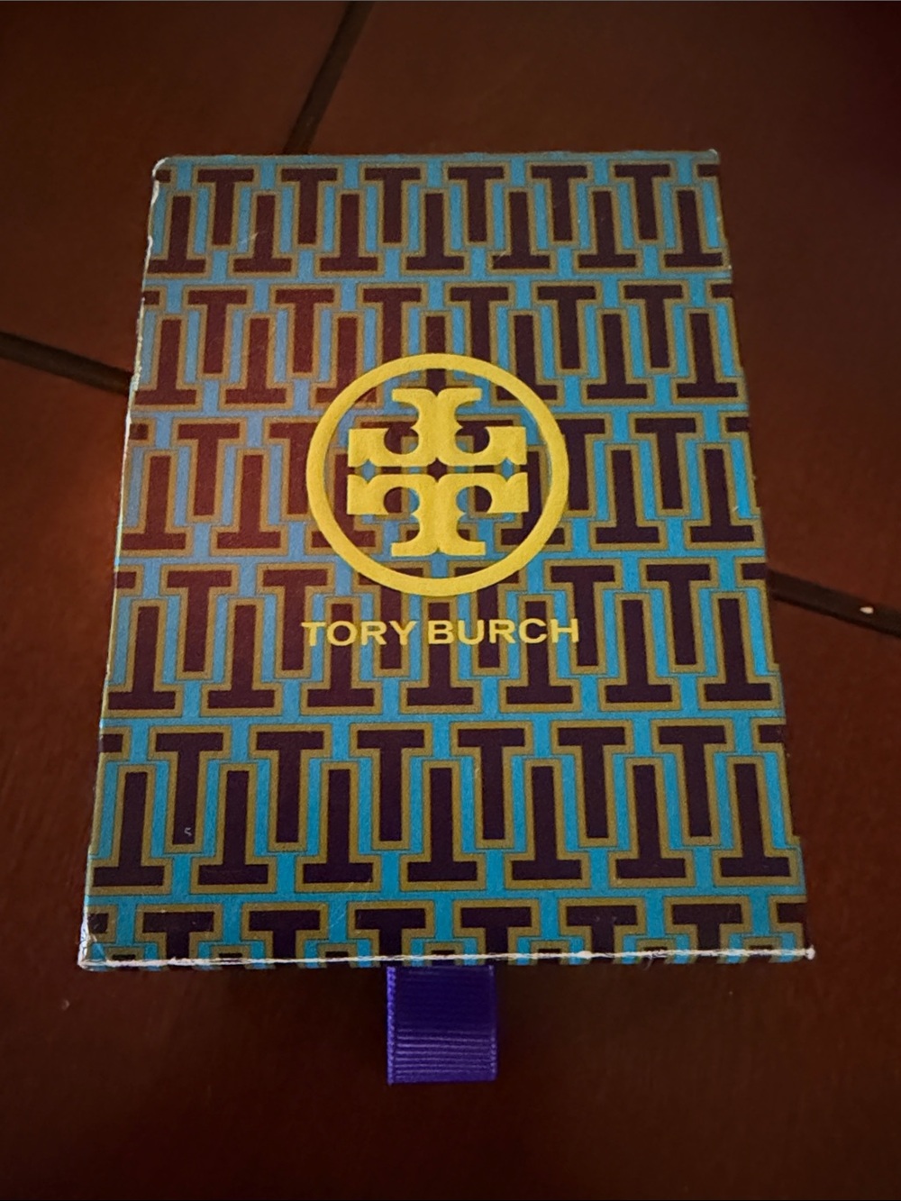 Tory Burch Patterned Box in Teal, Purple & Gold Logo